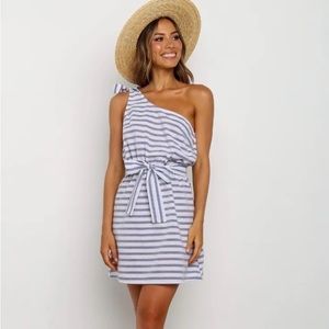 Casual Striped T Shirt Sleeveless One Shoulder Tie Waist Beach Mini Dress size S